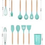 Siliconen Kookgerei Keukengerei Set, 12 Stuks Natuurlijke Houten Handgrepen Koken Tool Bpa Gratis Niet Giftige Siliconen Turner Tang Spatel Lepel Keuken Gadgets Gebruiksvoorwerp Set (Donkergroen)