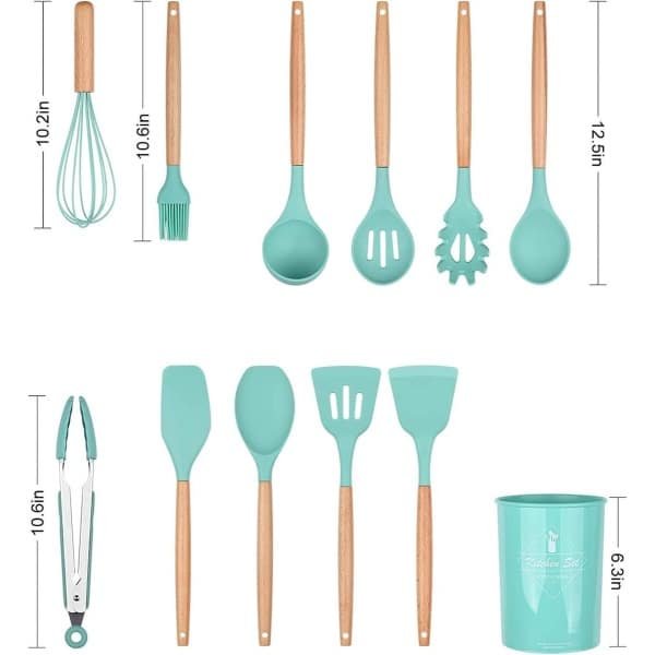 Siliconen Kookgerei Keukengerei Set, 12 Stuks Natuurlijke Houten Handgrepen Koken Tool Bpa Gratis Niet Giftige Siliconen Turner Tang Spatel Lepel Keuken Gadgets Gebruiksvoorwerp Set (Donkergroen)