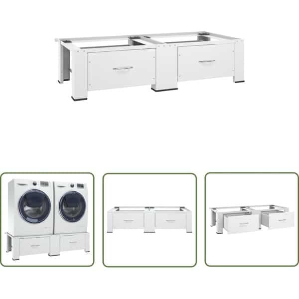 The Living Store Wasmachine- en drogerverhoger dubbel met lades wit - Wasmachine Verhoger - Droger Verhoger - Wasdroogcombinatie Verhoger - Opbergruimte - Keuken Accessoires