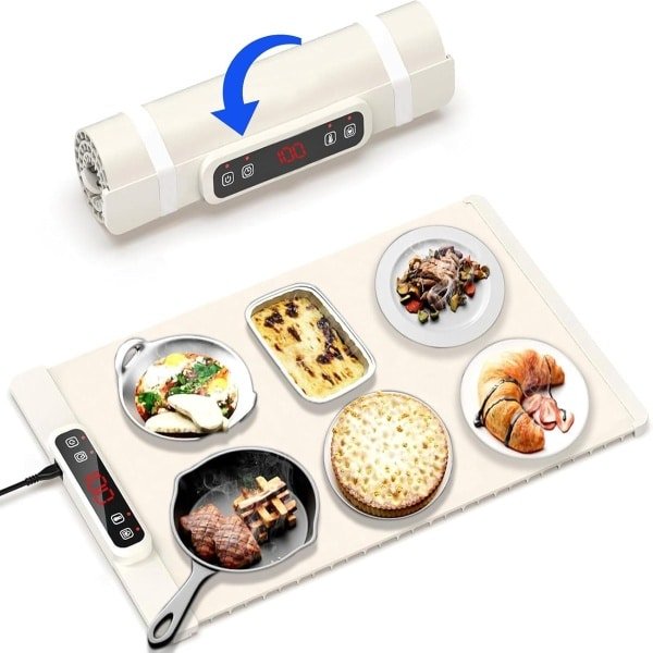 Voedselverwarmingsmat, elektrische warmhoudbak met kinderslot, premium siliconen mat, snel verwarmen in 10s, draagbaar ontwerp voor thuis en keuken (beige)