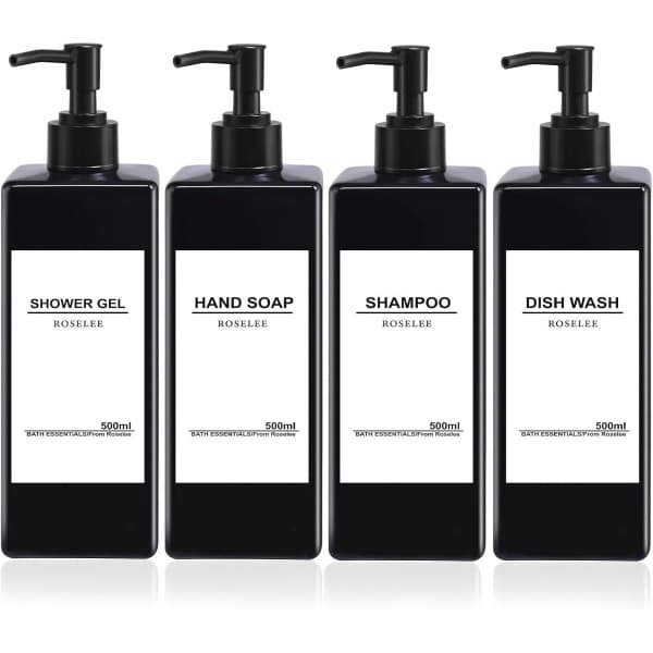 Zwarte zeepdispensers set van 4 stuks 500 ml met accessoires - douche en keuken essentieel