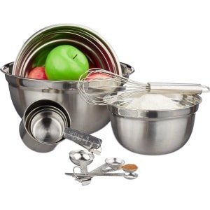 keuken accessoires set 12-delig - 3 mengkommen - maatlepel en maatbeker - garde - roestvrij staal