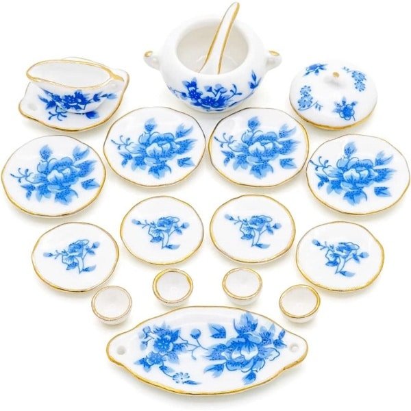 17-delig Porseleinen Servies Set Blauw Bloemmotief Poppenhuis Keuken Accessoires Schaal 1:12
