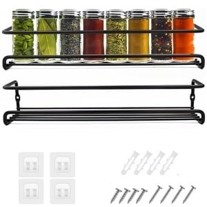 2 stuks Kruiden Organizer - Kruidenrek Ophangbaar - Keukenrekken - met zelfklevende haken en schroeven - Spice Rack - Keuken Accessoires - Zwart