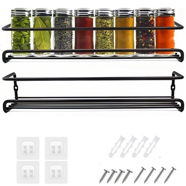 2 stuks Kruiden Organizer - Kruidenrek Ophangbaar - Keukenrekken - met zelfklevende haken en schroeven - Spice Rack - Keuken Accessoires - Zwart