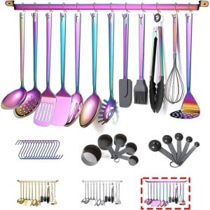 37-stukken kookgerei Set, roestvrij staal 37-stukken keukengerei set met titanium regenboog plating, keuken gadgets kookgerei set, keuken gereedschap set met keukenhouder non-stick en hittebestendig.Vaatwasser veilig, gemakkelijk schoon te mak