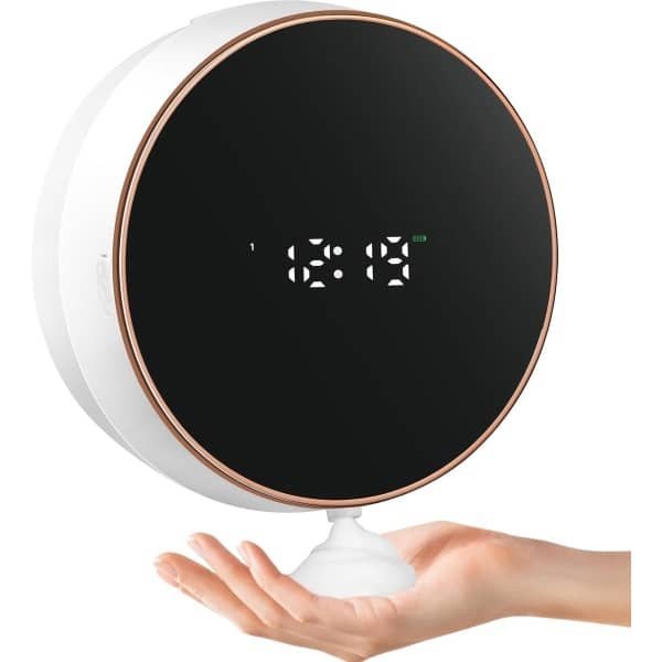 Automatische handdesinfectiedispenser met schuim voor de badkamer: wandgemonteerde, oplaadbare, contactloze, verstelbare, automatische, slimme, elektrische, witte plastic handdesinfectiedispenser met schuim en klok - Keuken - .