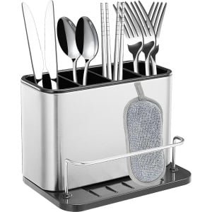 Bestekhouder en Organizer voor Aanrecht - Compacte Drainer voor Vorken, Messen en Lepels - Roestvrij Staal - Keuken Accessoire
