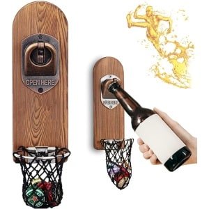 Bottle Openers met Net Catcher - Wall Mounted Houten Bierflesopener - Draadloze Kurkentrekker - Huishoudelijke Bar Accessoires voor Keuken - Tuin - Buiten - Ideale Bier Cadeaus voor Mannen