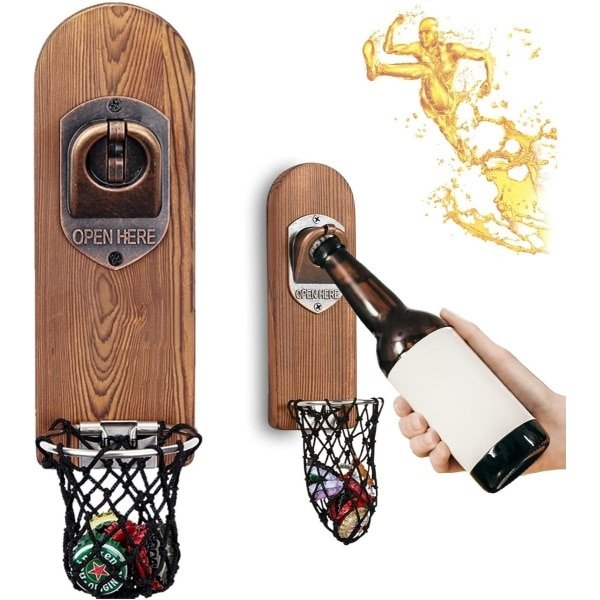 Bottle Openers met Net Catcher - Wall Mounted Houten Bierflesopener - Draadloze Kurkentrekker - Huishoudelijke Bar Accessoires voor Keuken - Tuin - Buiten - Ideale Bier Cadeaus voor Mannen