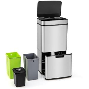 COSTWAY 72 l vuilnisemmer, 4 vakken, elektrische afvalemmer met sensor, afvalscheidingssysteem, 2 x 11 l + 3,5 l + 46,5 l, keukenafvalemmer, zachte sluiting voor keuken, kantoor, zilver + zwart