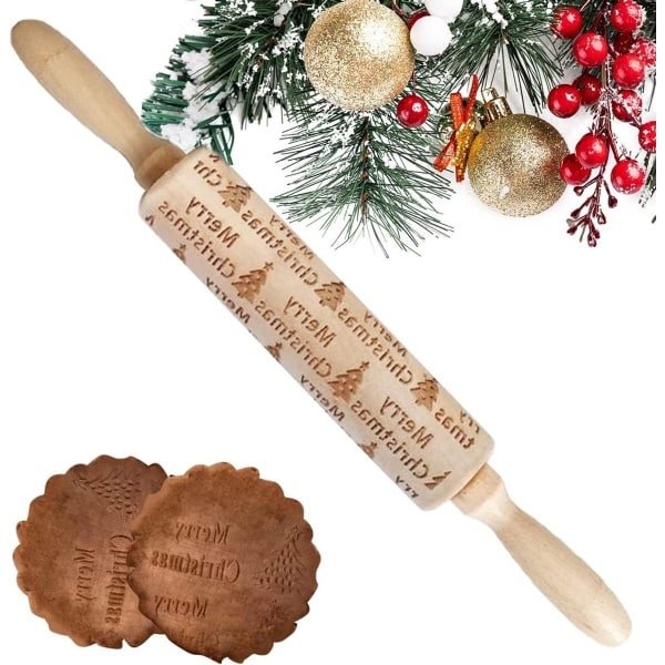 Deegroller kerstmotief hout - Bakrol reliëf kerstmis - Keuken accessoire met kogellagers