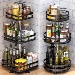 Dispenserhouder voor kruidenrek keuken van metaal met 3 planken 360 graden draaibaar in hoogte verstelbaar ruimtebesparende accessoires voor huis keuken modern design (vierkant)