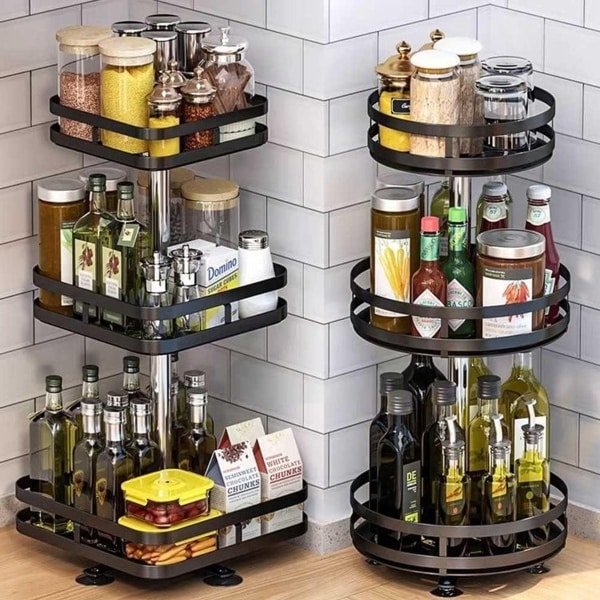 Dispenserhouder voor kruidenrek keuken van metaal met 3 planken 360 graden draaibaar in hoogte verstelbaar ruimtebesparende accessoires voor huis keuken modern design (vierkant)