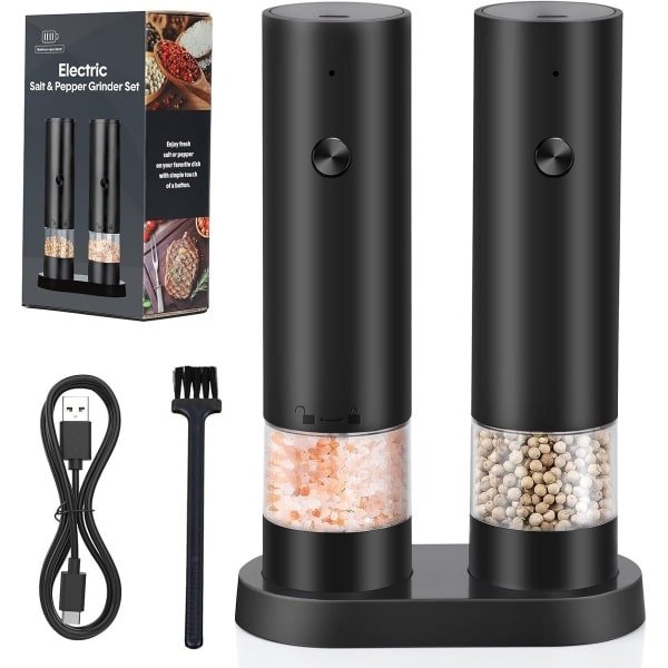 Elektrisch Peper en Zoutmolen Set - USB-oplaadbare Elektrische Pepermolen - Kruidenmolen - Met Opbergbasis - Met Afwasbare Container - Voor Keuken/Picknick/Barbecue - Zwart
