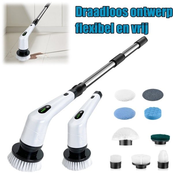 Elektrische Draaiscrubber voor het Schoonmaken van de Badkamer, Douche Scrubber Draadloze Schoonmaakborstel met IPX5 Waterdicht, 8 Borstelkoppen, Badkamer Schoonmaakbenodigdheden voor Douche Badkuip Keuken Tegels Toilet Wit