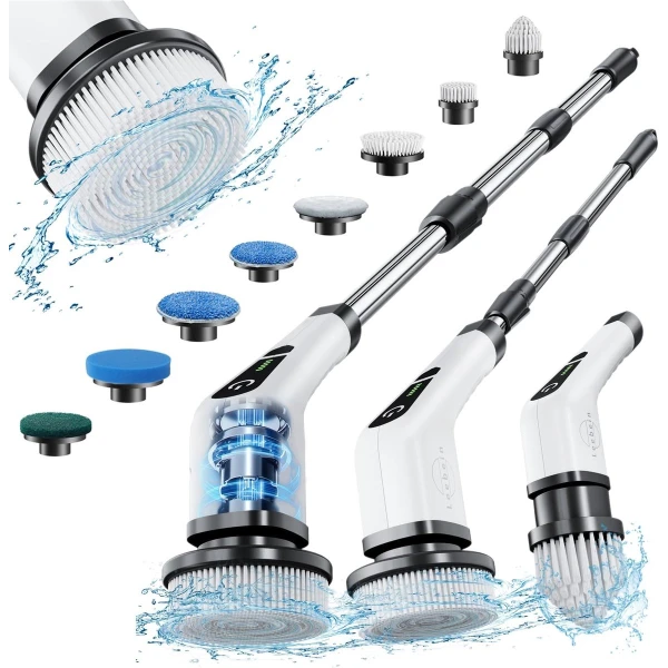 Elektrische schoonmaakborstel met 8 opzetstukken, 3 snelheden, IP65 waterdicht, verstelbare handgreep, accuborstel voor badkamer, keuken, tegels, douche en hoeken.