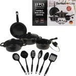 German Line - 13 delige Pannenset - Inclusief Kookgerei - 13 delig - Complete Pannenset - Koekenpannen - Soeppannen - Steelpannen - Antiaanbaklaag - voor Gas en Elektrische Kookplaten - voor elke Keuken - Softgrip Handvatten - Lichtgewicht - Zwart