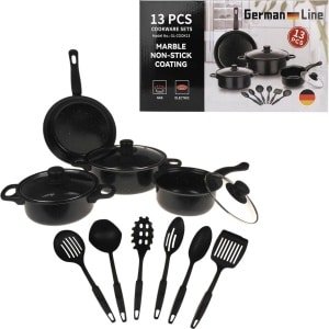 German Line - 13 delige Pannenset - Inclusief Kookgerei - 13 delig - Complete Pannenset - Koekenpannen - Soeppannen - Steelpannen - Antiaanbaklaag - voor Gas en Elektrische Kookplaten - voor elke Keuken - Softgrip Handvatten - Lichtgewicht - Zwart