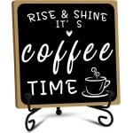 Houten Koffie Bar Sign Decor - Zwart en Wit met IJzeren Stand voor Tafel en Plank - Koffiestation, Boerderij, Keuken en Kantoor Accessoires