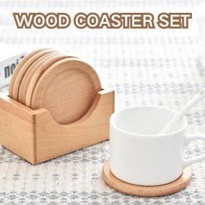Houten Onderzetters Set met Houder - Dranken Onderzetters voor Thuis - Ronde Onderzetters van 9cm - Keuken Tafel Accessoires - Housewarming Cadeau