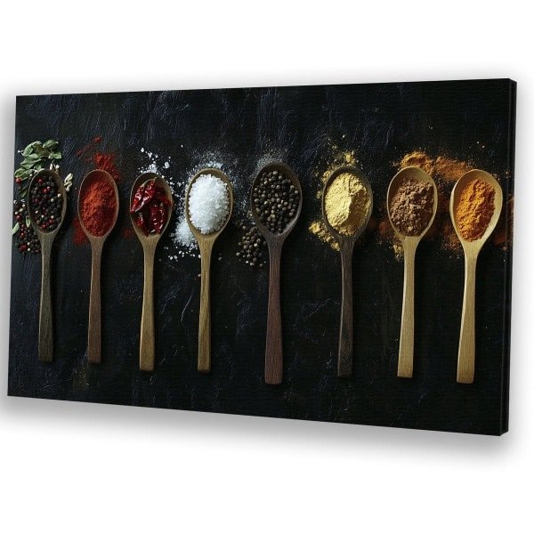 Houten lepels met specerijen - Kruiden - Eten - Stilleven - Muurdecoratie modern - Decoratie keuken - Eetkamer accessoires - Canvas 45x30 cm