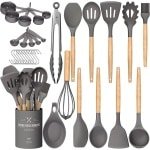 Keuken Kookgerei Set, 33 stuks Non-stick Siliconen Koken Keukengerei Spatel Set met Houder, Hout Handvat Hittebestendige Siliconen Keuken Gadgets Gebruiksvoorwerp Set (Grijs)