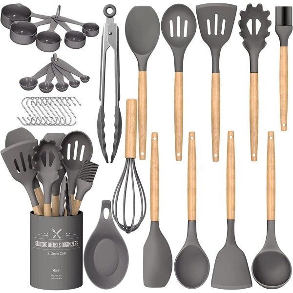 Keuken Kookgerei Set, 33 stuks Non-stick Siliconen Koken Keukengerei Spatel Set met Houder, Hout Handvat Hittebestendige Siliconen Keuken Gadgets Gebruiksvoorwerp Set (Grijs)