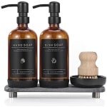 Keuken Zeepdispenser Set - 16oz Amber Glazen Fles met Roestvrijstalen Pomp en accessoires voor een stijlvolle keuken