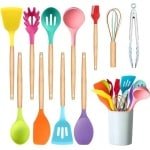 Keukengerei Set - 11-delige Kleurrijke Siliconen en Houten Kookgerei Set met Keuken Gadgets