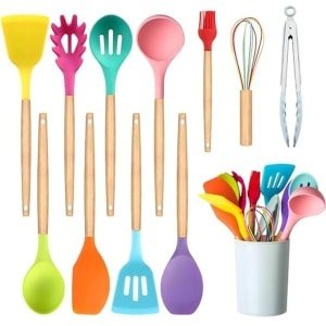 Keukengerei Set - 11-delige Kleurrijke Siliconen en Houten Kookgerei Set met Keuken Gadgets