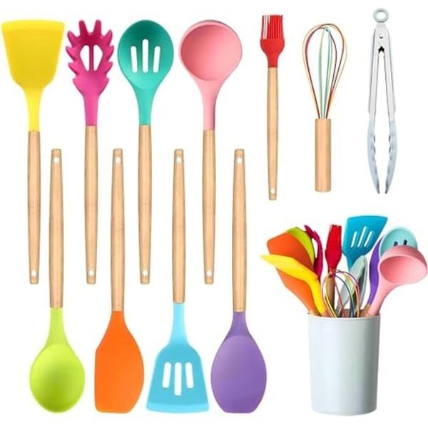 Keukengerei Set - 11-delige Kleurrijke Siliconen en Houten Kookgerei Set met Keuken Gadgets