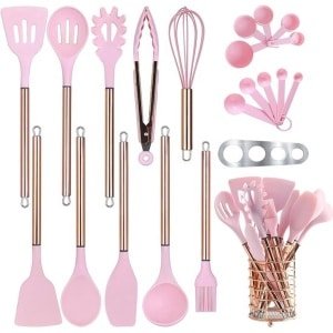 Keukengerei Set met houder, 22 stuks siliconen kookgerei set voor anti-aanbak kookgerei, hittebestendige spatel set, roestvrij stalen handvat keuken gadgets keukengerei set (roze)