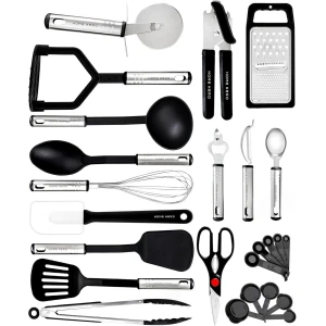 Keukengerei set - Keukengerei met antiaanbaklaag - Roestvrij staal en siliconen Kookgerei - Keukengereedschap Gadgets Accessoires Lepels Draaispanen Spatels Lepel set (25 stuks roestvrij staal)