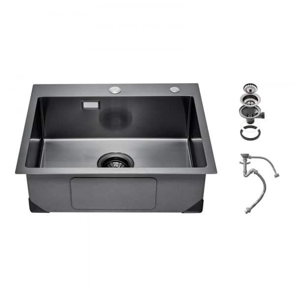 Keukenspoelbak - Inbouwspoelbak - Afmeting 68 x 45 x 19 cm - RVS - Enkele Kom - Met Accessoires - Voor Keuken, Bar en Camper - Zwart