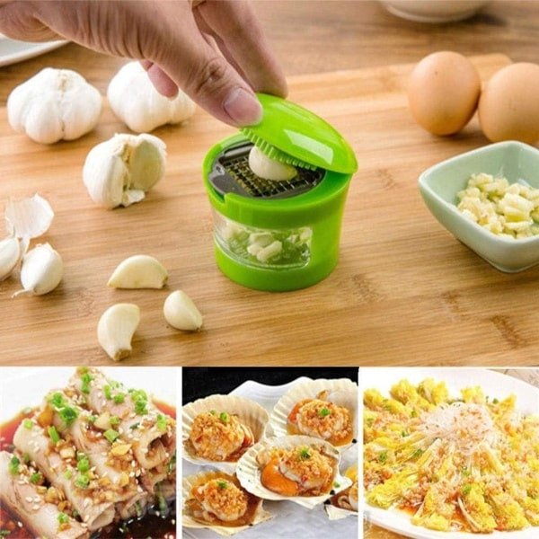 Knollook Chopper - Roestvrij Staal - Mini Chopper - Gember Cutter - Roestvrij Staal Chopper - Keuken Gadget - Groen - Knoflook Druk Crusher - Plastic Lade - Geschikt voor Keukensnijwerk - Compact Keukengerei - Chopper met Plastic Opvangbak.