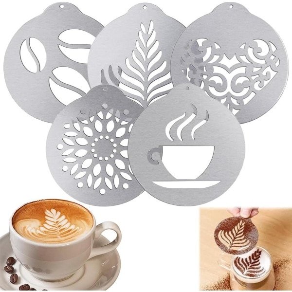 Koffie Sjablonen - Set van 5 - Roestvrij Staal - Cappuccino - Melkschuim - Koffie Decoratie - Kunstsjablonen - DIY - Barista Accessoires - Keuken Gadgets