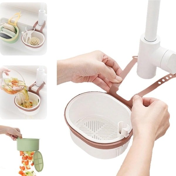 Kraan Hangende Wastafel Zeef & Afvoermand - Hoek Vuilnisvanger - Opbergplank voor Fruit, Groente & Wastafelbenodigdheden - Keuken Accessoires