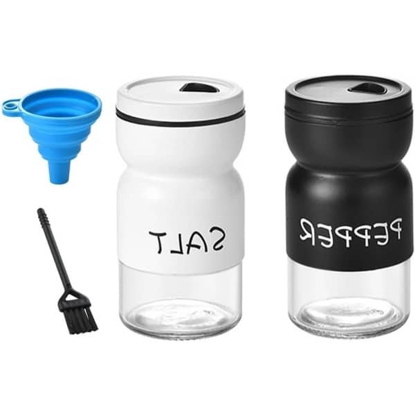 Kruidenstrooier set met glazen flessen en accessoires voor keuken - Zout en peper vintage design - Inclusief reinigingsborstel en trechter - Zwarte en witte kruidenpotjes