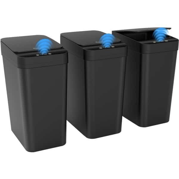 Kssvzz Set van 3 Sensor Prullenbakken, 10L Elektrische Prullenbak met sensor, Badkamer Prullenbak met klapdeksel, Automatische Prullenbak voor kantoor/badkamer/keuken/slaapkamer (zwart)