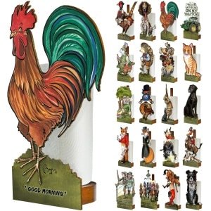 Looprints Grappige toiletrolhouder en keukenhanddoekhouder, houten standaard, keuken- en badkamerdecoratie en accessoires, Bryn Parry haan, een mix van boerderijdecoratie en functionaliteit,