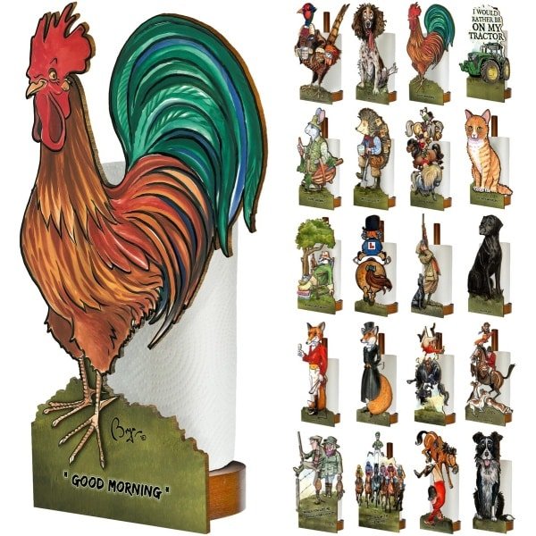 Looprints Grappige toiletrolhouder en keukenhanddoekhouder, houten standaard, keuken- en badkamerdecoratie en accessoires, Bryn Parry haan, een mix van boerderijdecoratie en functionaliteit,