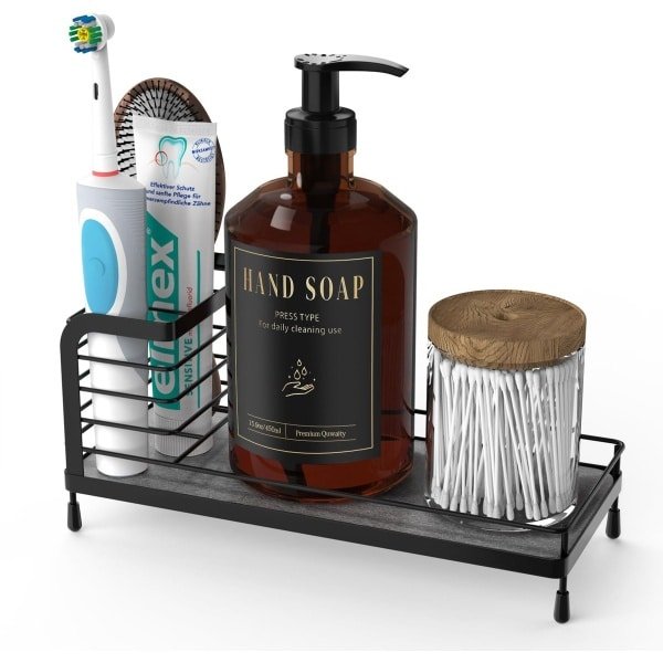 Luxspire Tandenborstelhouder, Badkamerorganizer met Droogmat van Steen en Antislipmatjes, Elektrische Tandenborstelhouder van Roestvrij Staal voor Badkamer en Keuken, Zwart