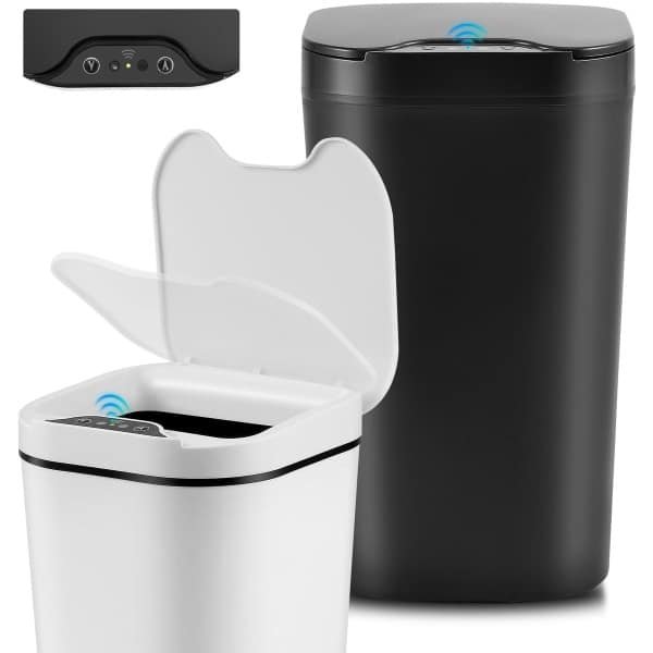MINENICE 12L Badkamer Sensor Prullenbak set van 2, Automatische Aanraakloze Prullenbak met Slimme Sensor Waterdichte Elektrische Prullenbak met deksel voor Kantoor Badkamer Keuken Zwart & Wit