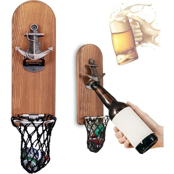 Magnetic Bottle Openers met Net Catcher - Wandgemonteerde Houten Bierflesopener - Boot Anker Kurkentrekker - Thuisbar Accessoires voor Keuken Tuin Buitenshuis - Ideale Biercadeaus voor Mannen