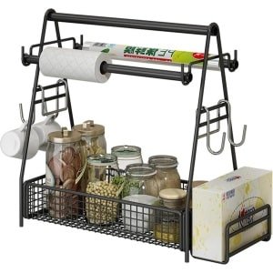 Outdoor camping keuken grill caddy met papieren handdoekhouder - 40 x 18 x 38 cm - 4 haken - keuken-kruidenorganizer - barbecue accessoires