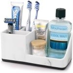PARKMANI Tandenborstelhouder voor badkamerorganizer, elektrische tandenborstelhouder met afvoergat, verwijderbare tandenborstelorganisator voor badkamer, keuken en gezin (wit marmer)