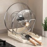 Pannendeksel houder - Dekselhouder - Keuken Organizer - 2-in-1 Multifunctioneel - Met Lepelhouder - RVS - Ruimtebesparend - Keuken Accessoires - Wit