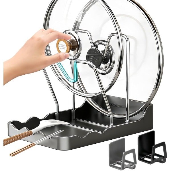 Pannendeksel houder - Dekselhouder - Keuken Organizer - 2-in-1 Multifunctioneel - Met Lepelhouder en Sponsrek - RVS - Ruimtebesparend - Voor Gootsteen en Keukenkast - Keuken Accessoires