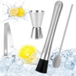 Quvo® IJscrusher - Roestvrijstalen Cocktail Stamper met Cocktaillepel - Barman Set - Mojito Stamper - IJsvergruizer - Stamper - Shaker met Maatbeker - Bar Accessoires voor Keuken - Restaurant-Zilver- 22cm x 15cm x 4cm